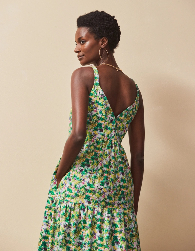 Green Ditsy Cotton Tiered Dress