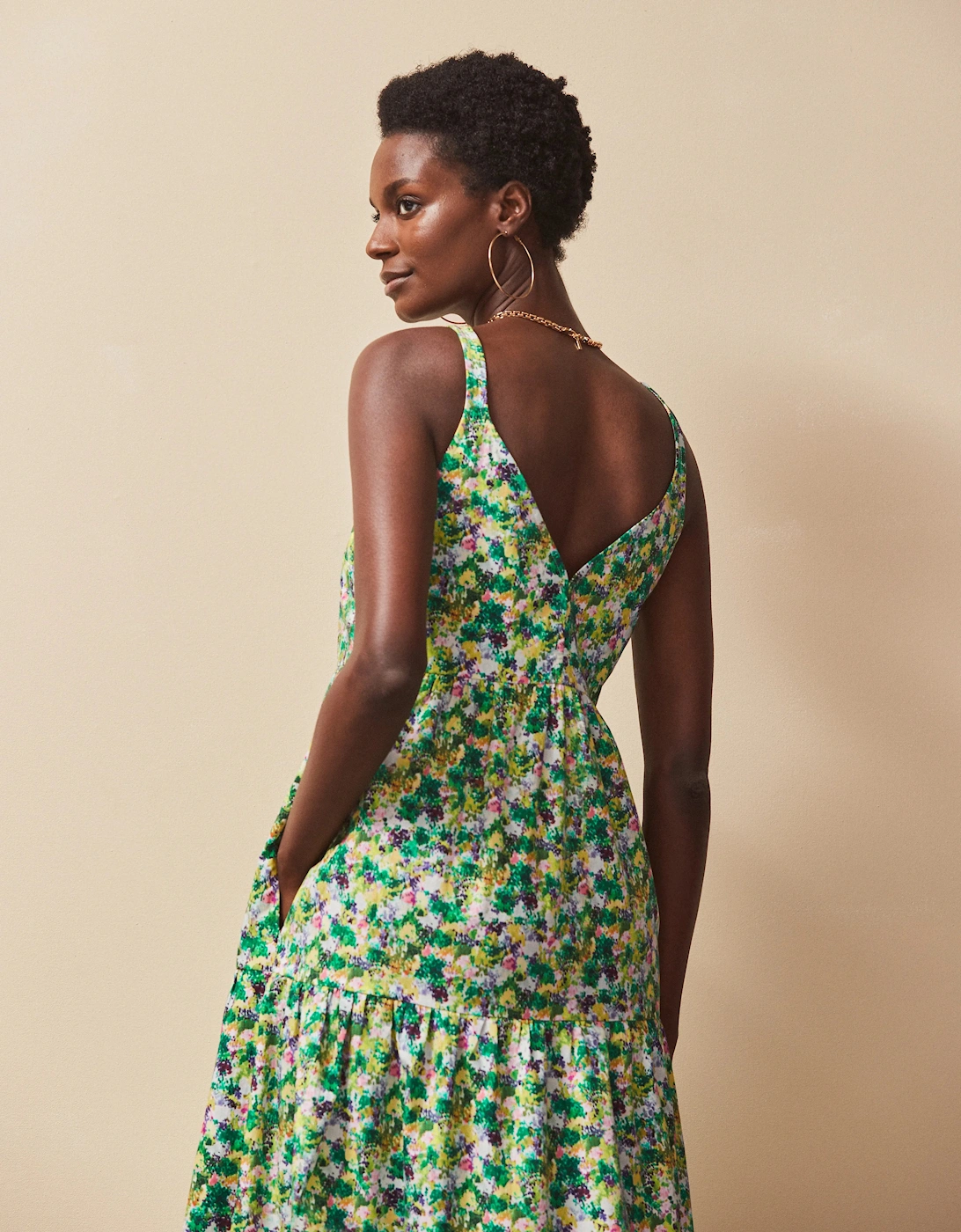 Green Ditsy Cotton Tiered Dress