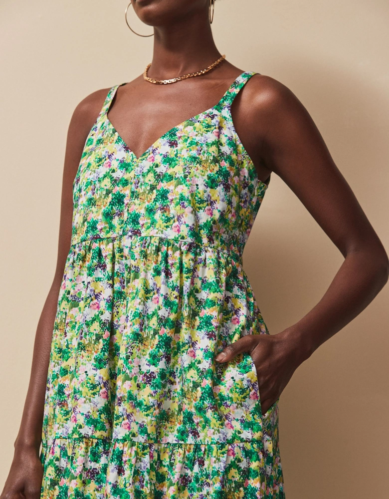 Green Ditsy Cotton Tiered Dress