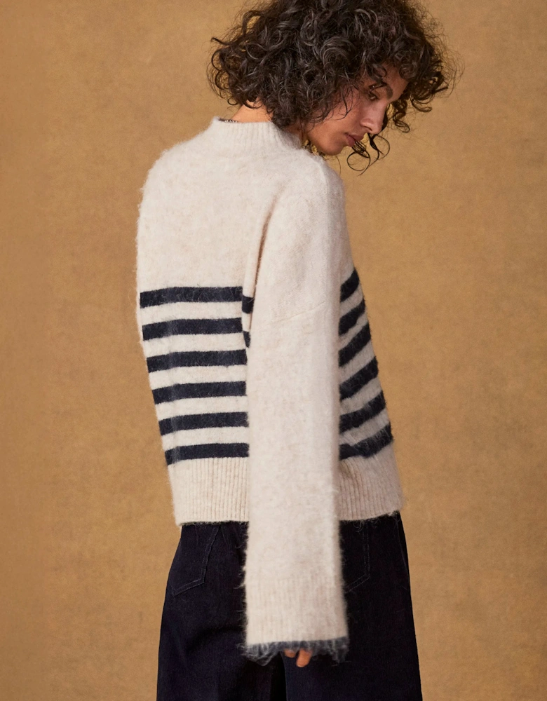 Ivory And Navy Stripe Fluffy Jumper With Alpaca