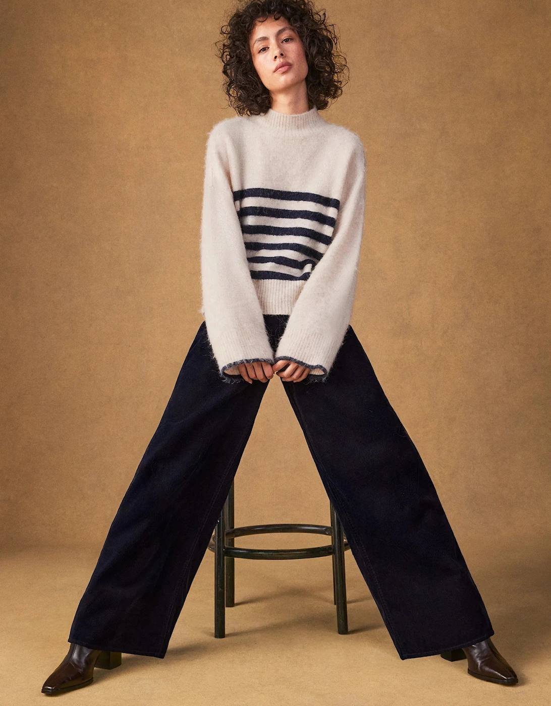 Ivory And Navy Stripe Fluffy Jumper With Alpaca