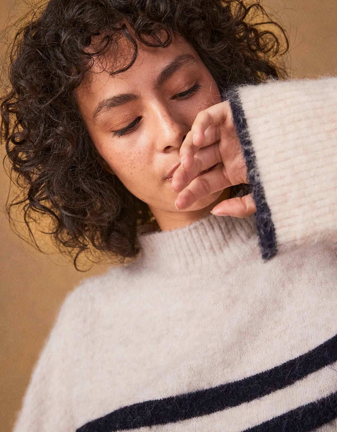 Ivory And Navy Stripe Fluffy Jumper With Alpaca