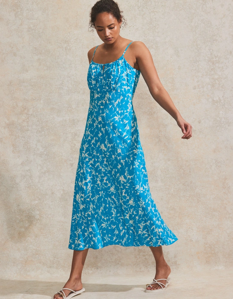 Blue Leaf-Print Keyhole-Detail Midi Dress