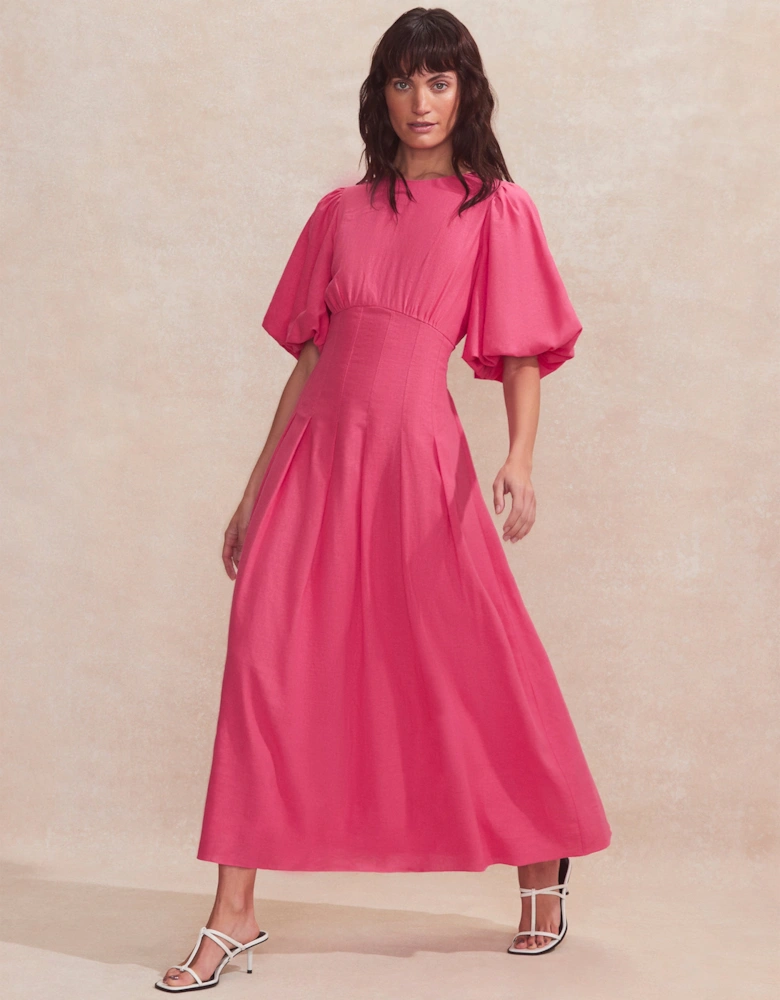 Petite Pink Pleat Detail Linen Blend Dress