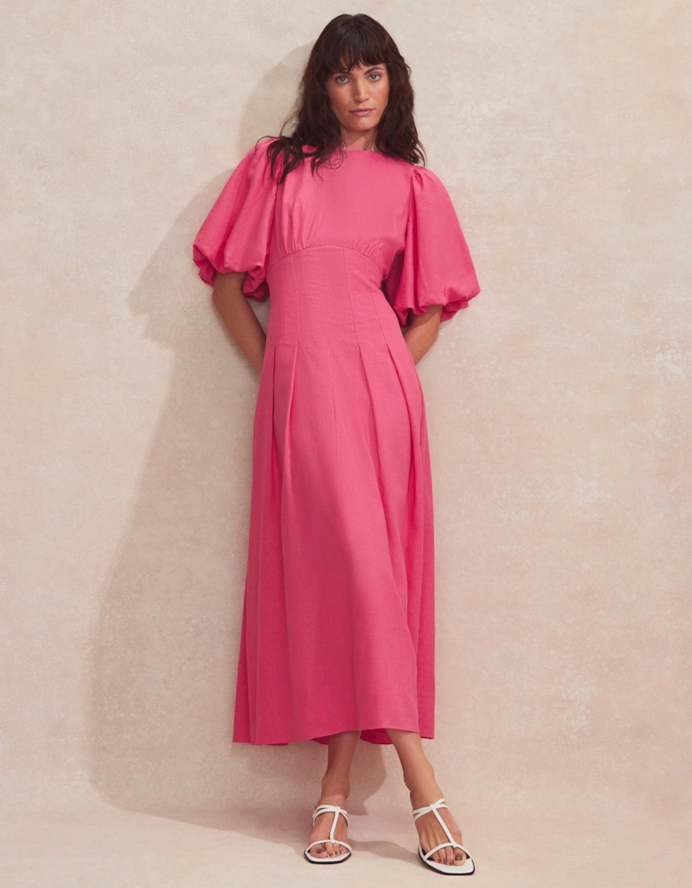 Petite Pink Pleat Detail Linen Blend Dress
