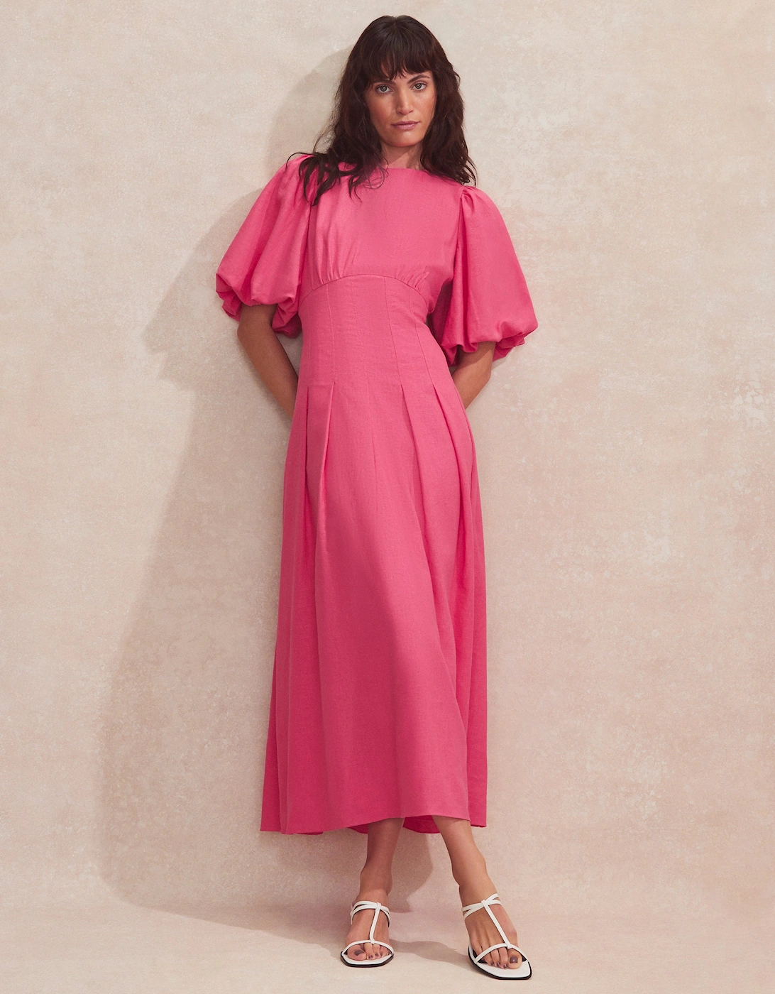 Petite Pink Pleat Detail Linen Blend Dress