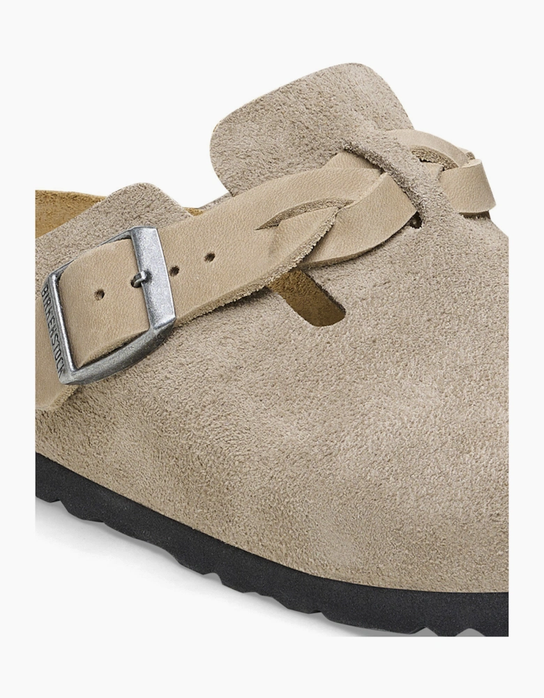 Braided Suede Leather Womens Clogs - Taupe