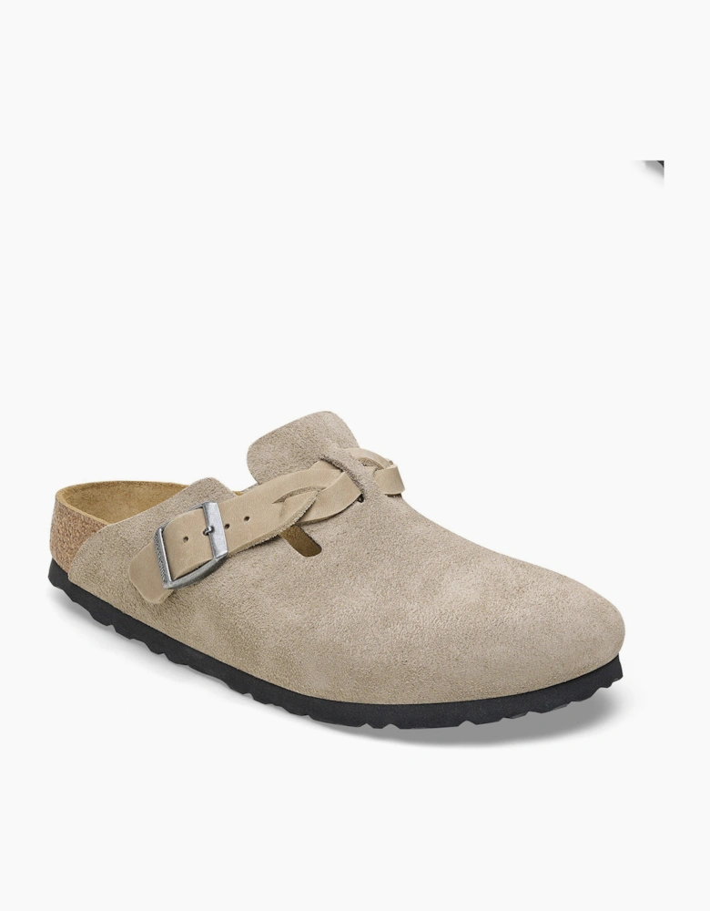 Braided Suede Leather Womens Clogs - Taupe