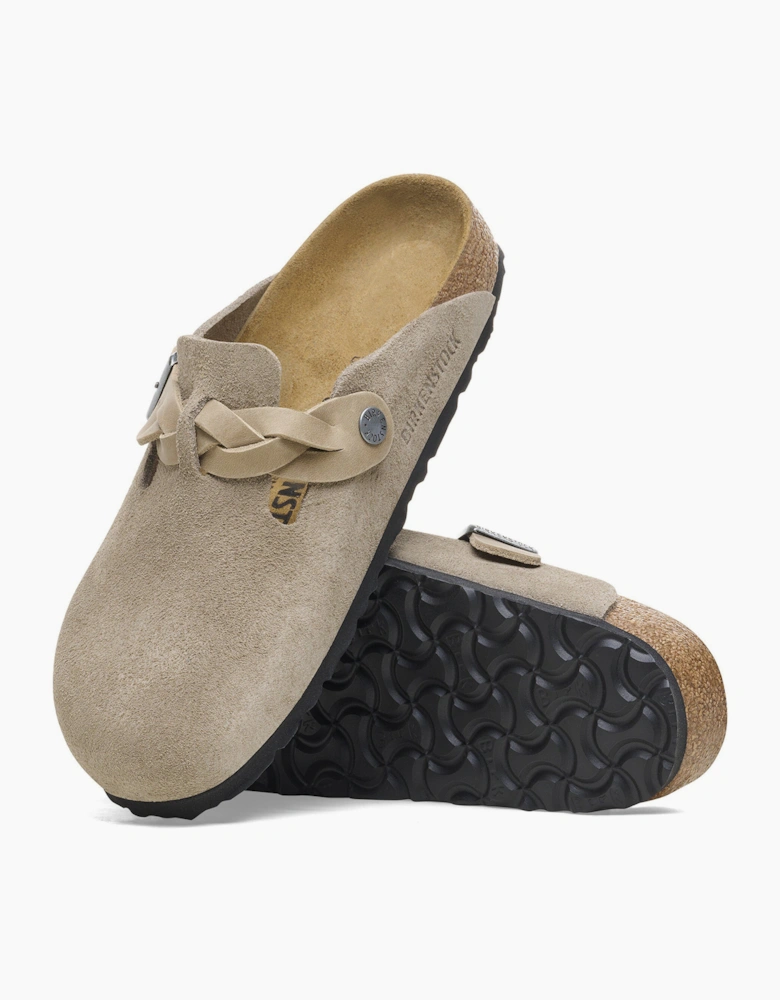 Braided Suede Leather Womens Clogs - Taupe