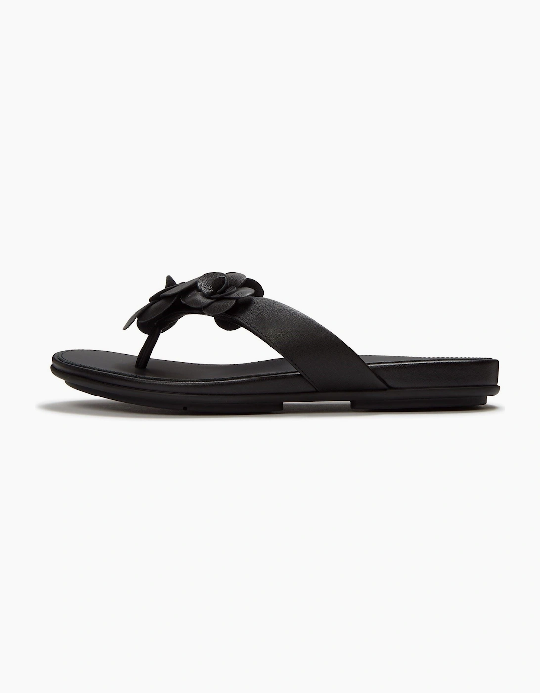 Gracie Flower Leather Women's Black Flip Flops