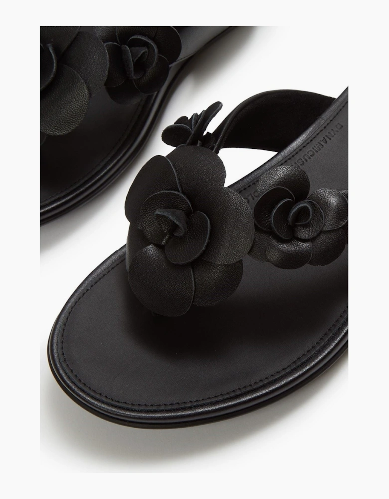 Gracie Flower Leather Women's Black Flip Flops