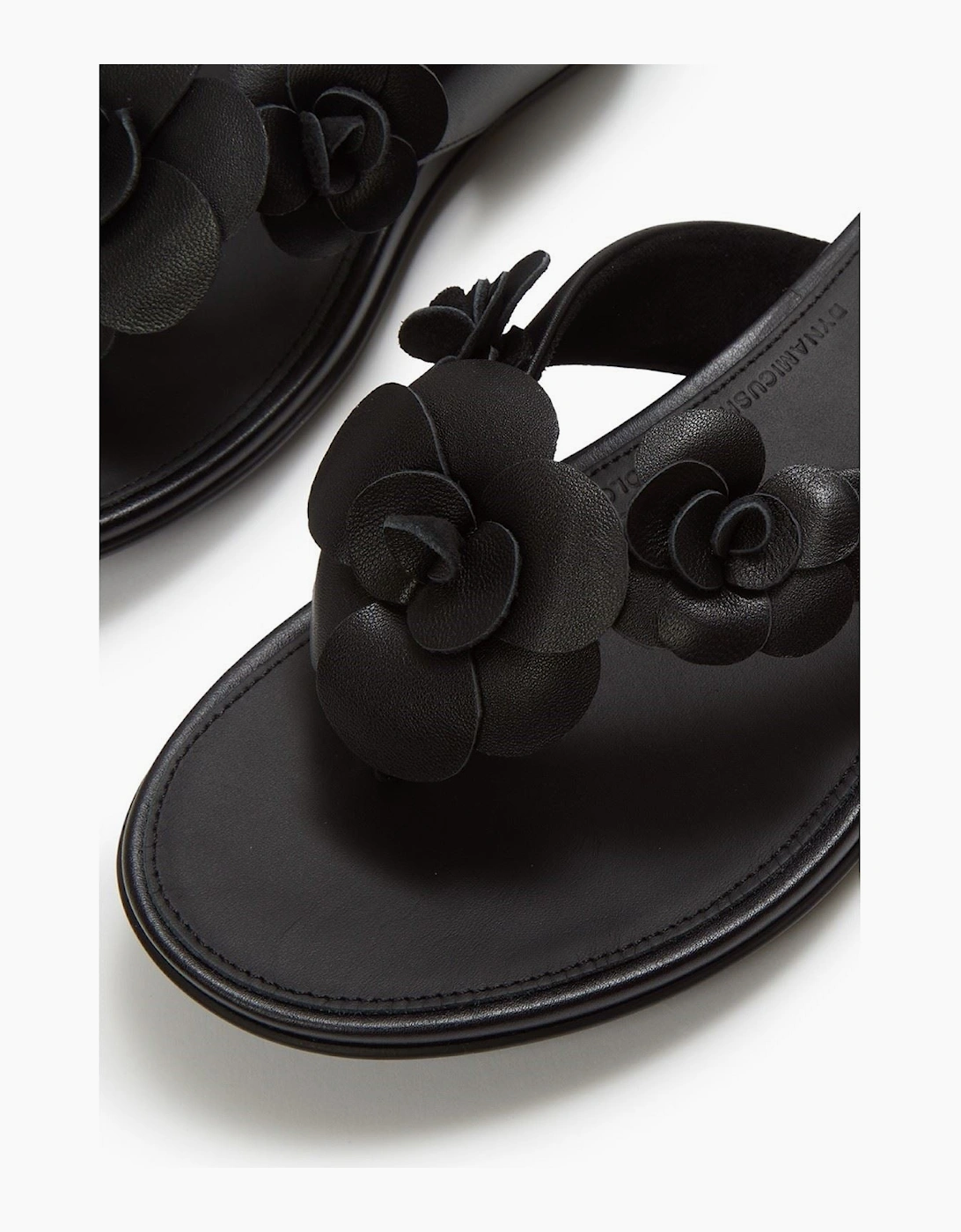 Gracie Flower Leather Women's Black Flip Flops