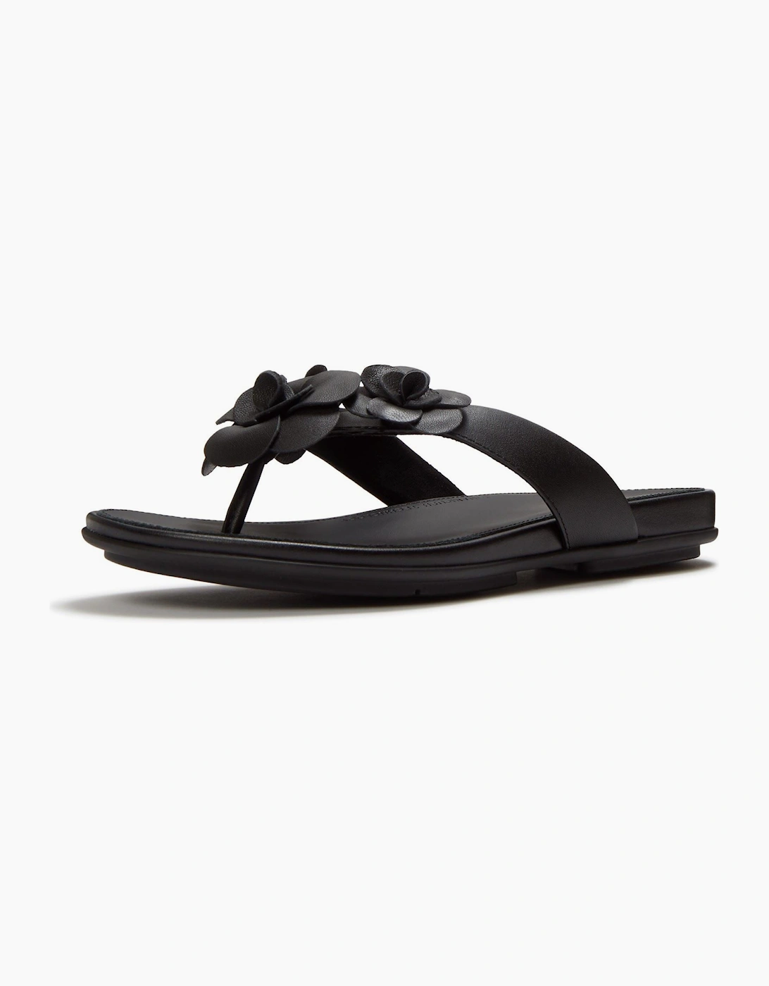 Gracie Flower Leather Women's Black Flip Flops, 6 of 5
