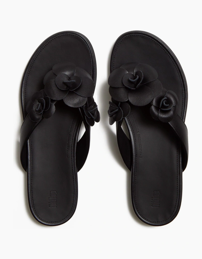 Gracie Flower Leather Women's Black Flip Flops