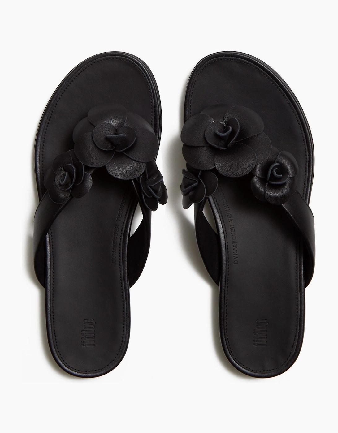 Gracie Flower Leather Women's Black Flip Flops