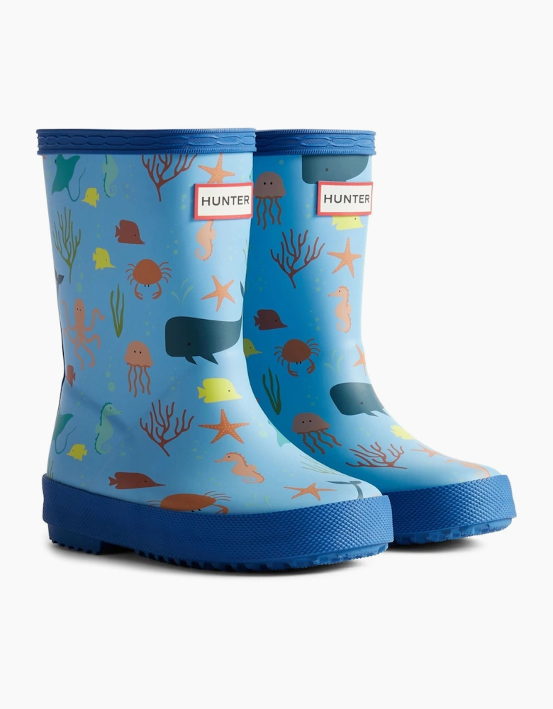 Kids First Classic Ocean Print Boot Rubber Kid's Amplifying Blue/Dragonfly Blue Wellington Boots