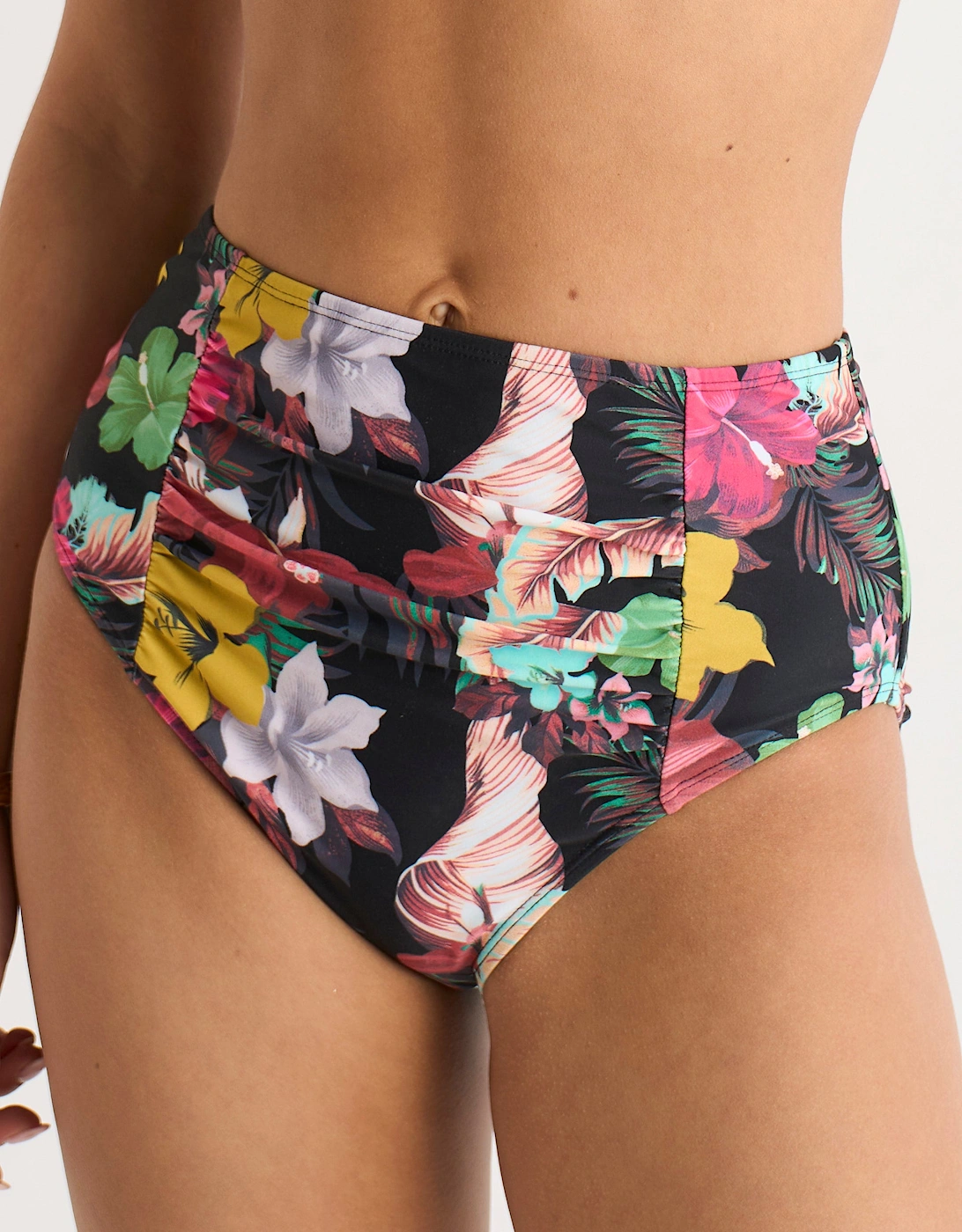 Multi Tropical Floral Ruched Panel Bikini Bottom
