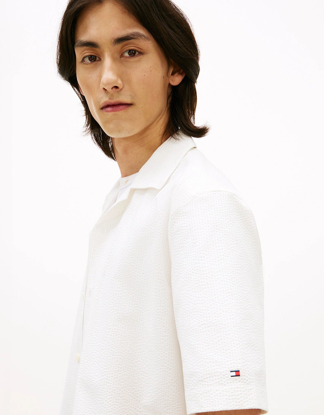 Performance Seersucker Mens Short Sleeve Shirt - Ivory Petal/Ecru Stripe