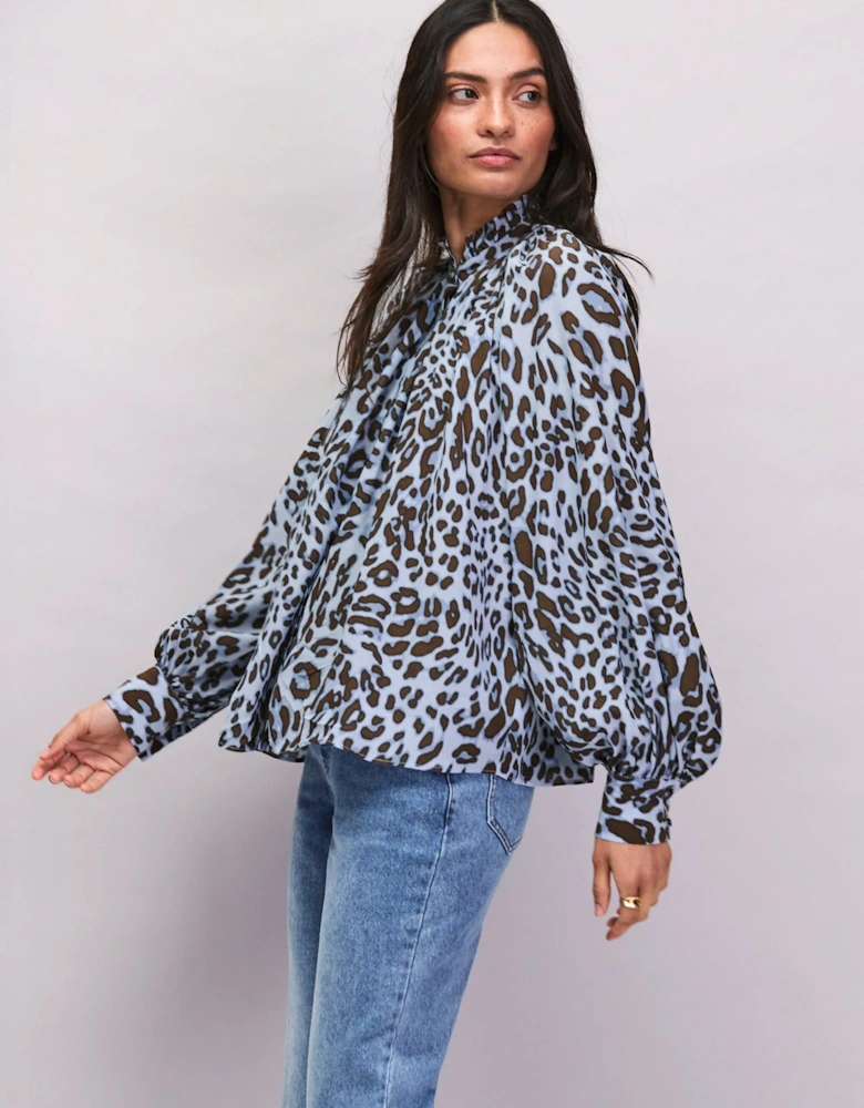 Blue Leopard-Print Ruffle-Neck Blouse