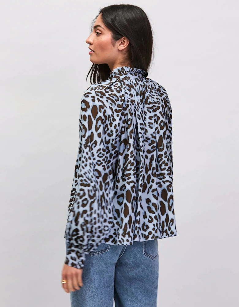 Blue Leopard-Print Ruffle-Neck Blouse