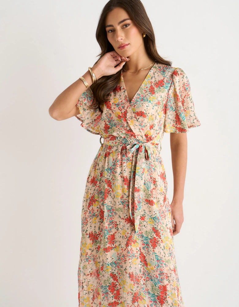 Multi Floral Jacquard Chiffon Midi Dress