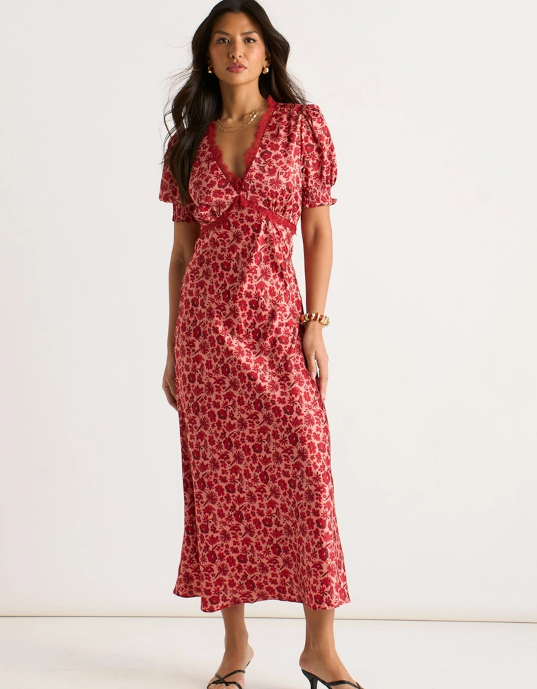 Red Floral Lace Trim V Neck Midi Dress