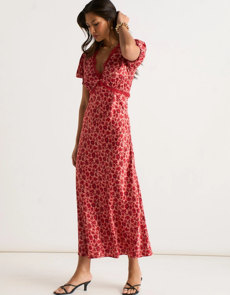 Red Floral Lace Trim V Neck Midi Dress