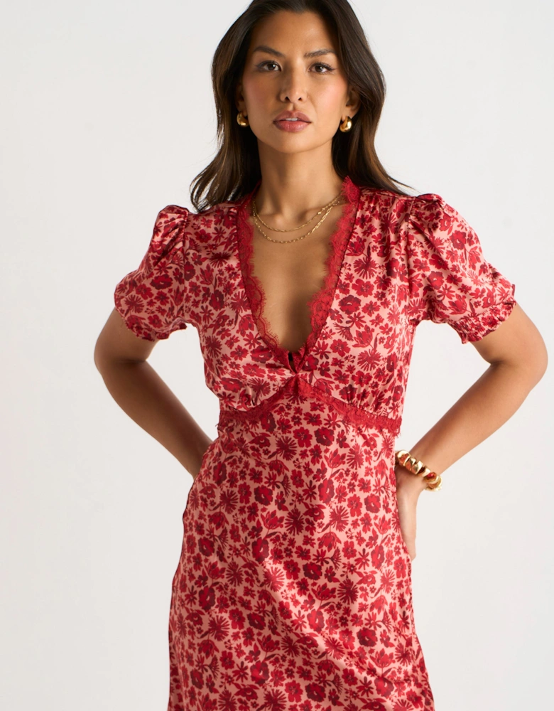 Red Floral Lace Trim V Neck Midi Dress