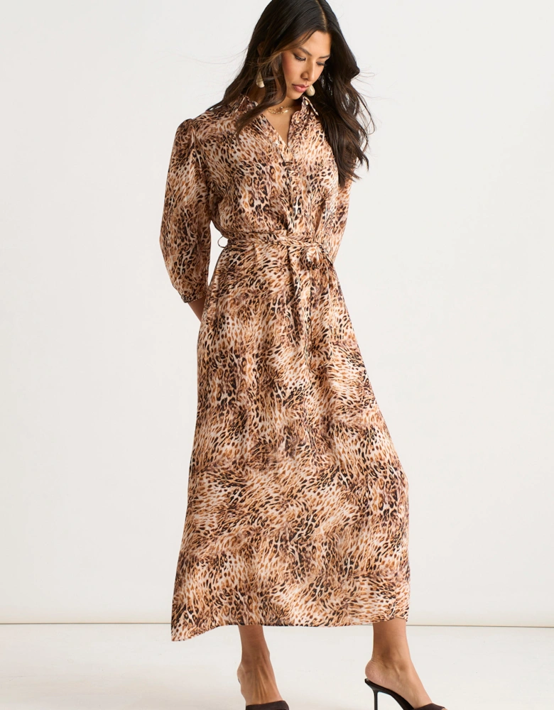 Brown Animal Printed Shirt Midi Dress