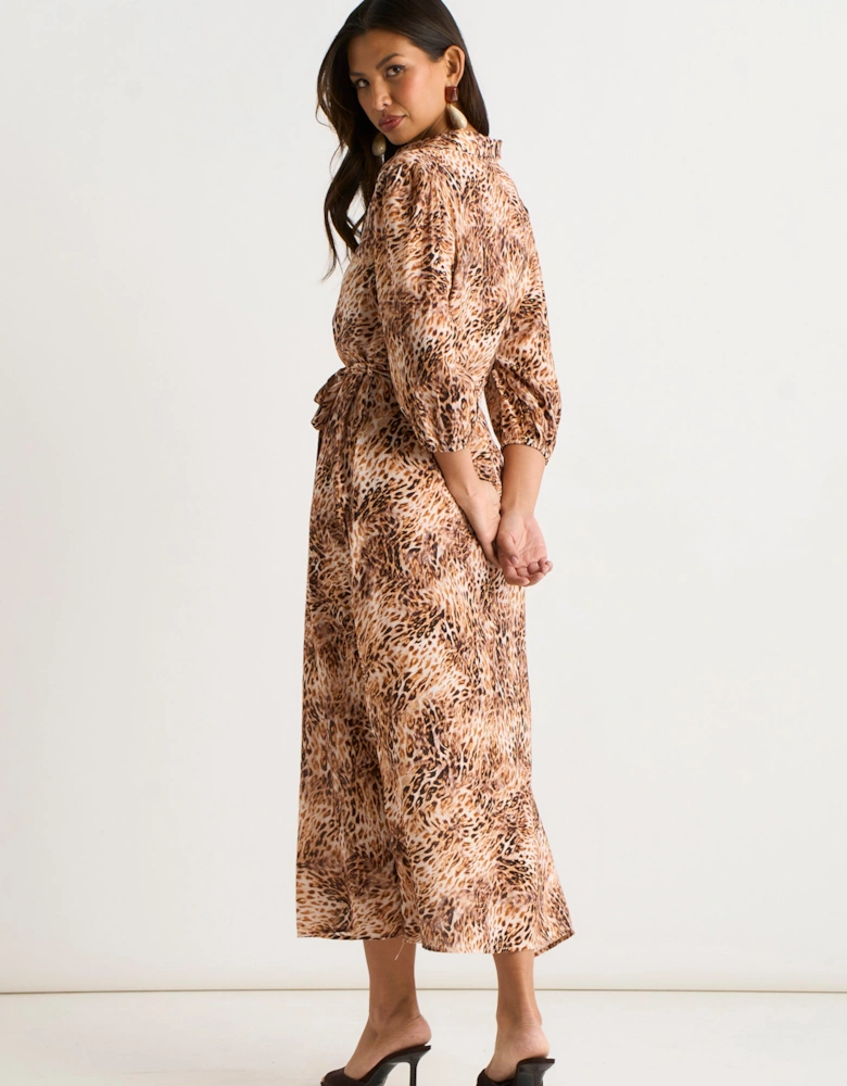 Brown Animal Printed Shirt Midi Dress