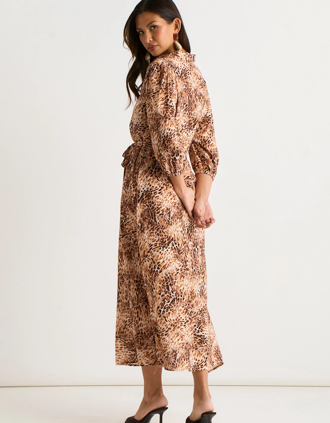 Brown Animal Printed Shirt Midi Dress