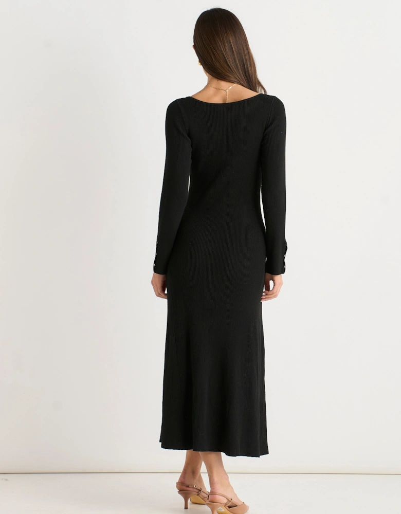 Black Slash Neck Knitted Fit & Flare Dress