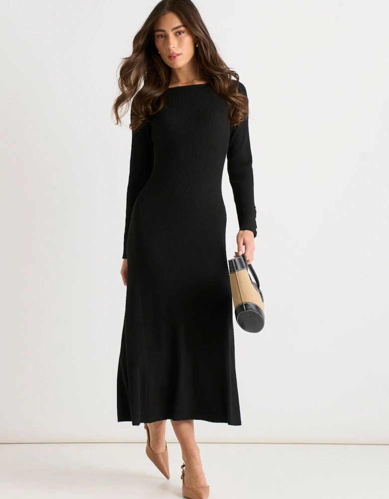 Black Slash Neck Knitted Fit & Flare Dress