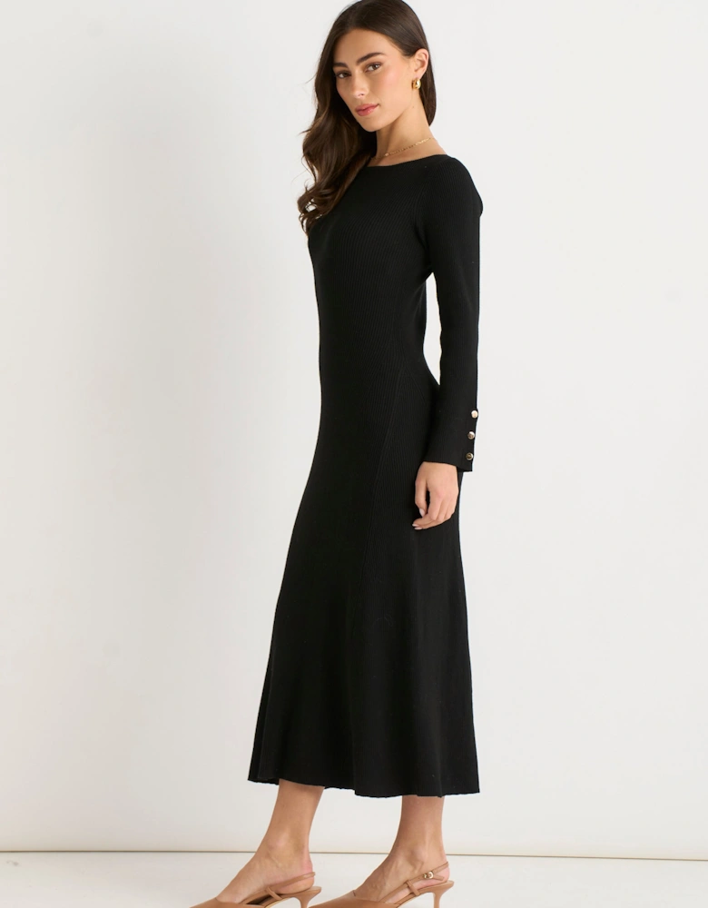 Black Slash Neck Knitted Fit & Flare Dress