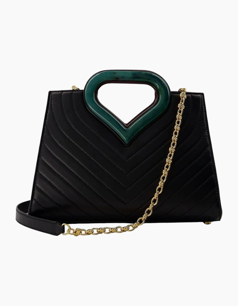Plaque Leather Tote Green Detail Black Bag