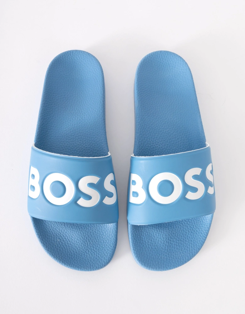 BOSS Orange Aryeh Mens Italian-Made Slides With Large Logo Detail - Turquoise/Aqua 445