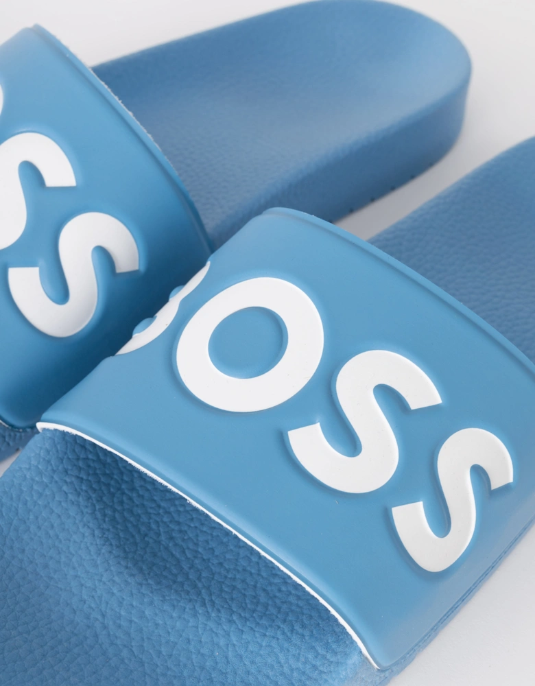 BOSS Orange Aryeh Mens Italian-Made Slides With Large Logo Detail - Turquoise/Aqua 445