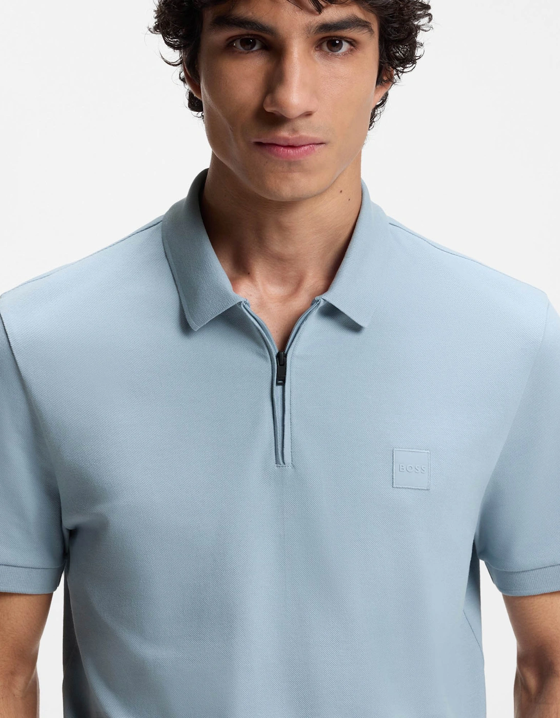 BOSS Orange Passerzip Mens Zip Placket Polo Shirt - Light/Pastel Blue 458