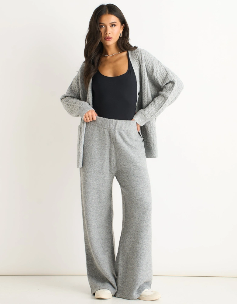 Grey Knitted Pull On Wide Leg Trousers