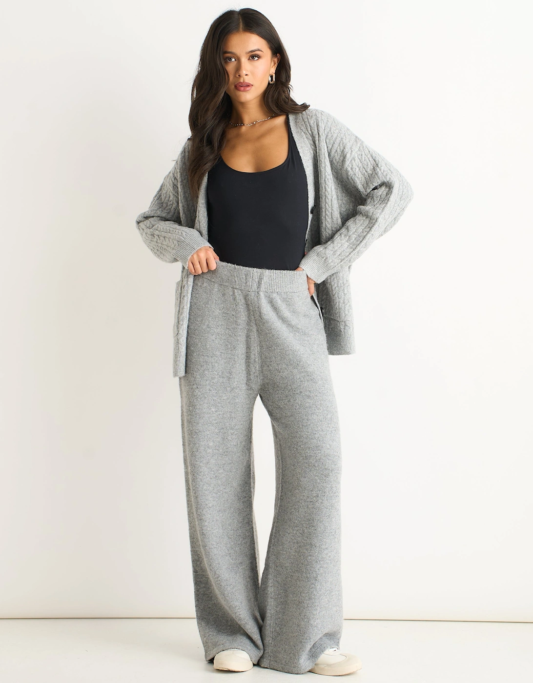 Gini London Women's Grey Soft Knit Pull On Wide-Leg Trousers - Size 14/16/10/12
