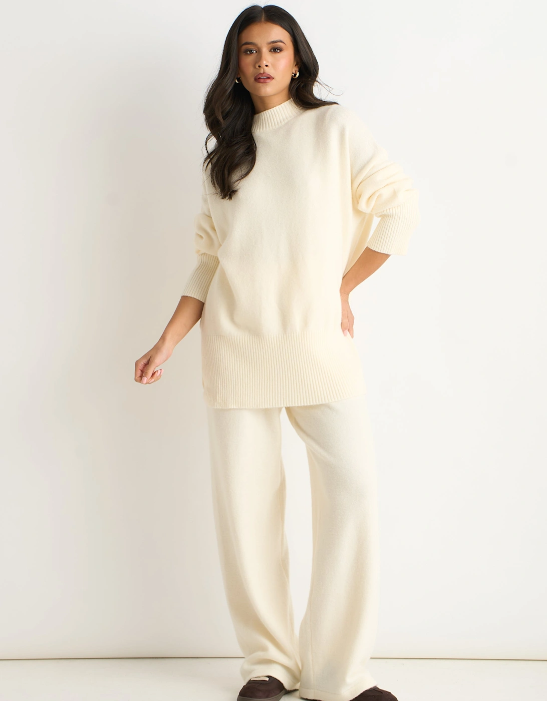 Gini London Women's Cream Off White Knitted Pull On Wide Leg Trousers - Size 12/14