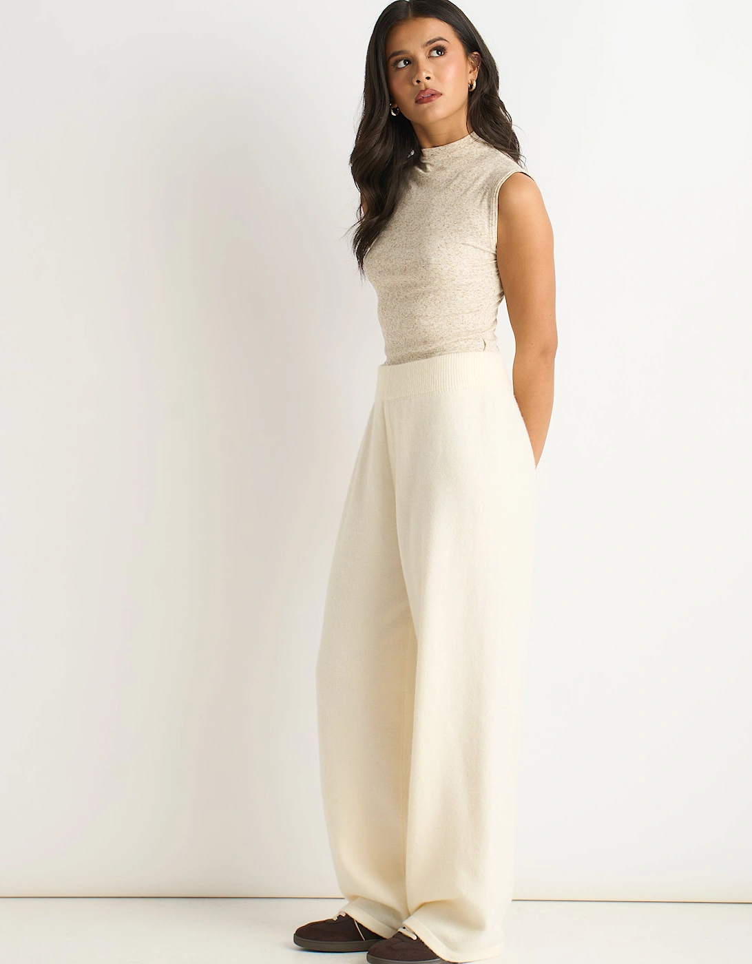 Off White Knitted Pull On Wide Leg Trousers