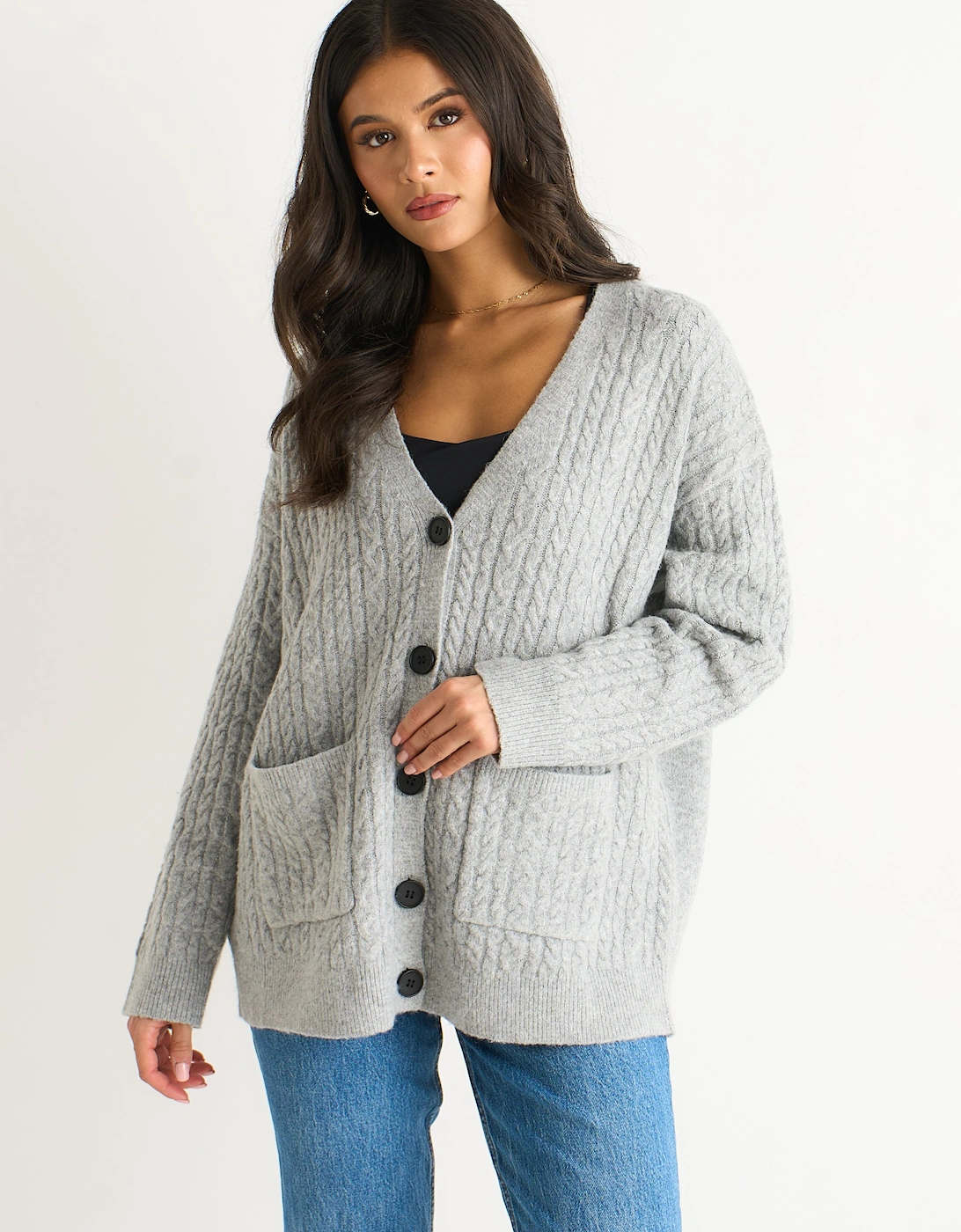 Gini London Women's Grey Textured Knit Long Sleeve Pocket Cardigan - Size 12/14