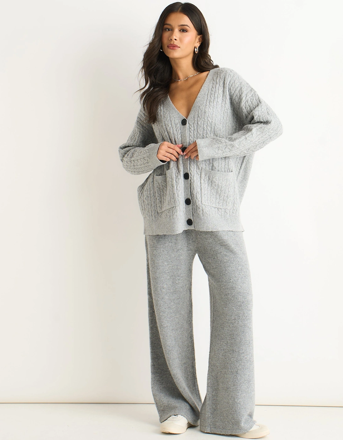 Grey Cable Patch Pocket Knitted Cardigan