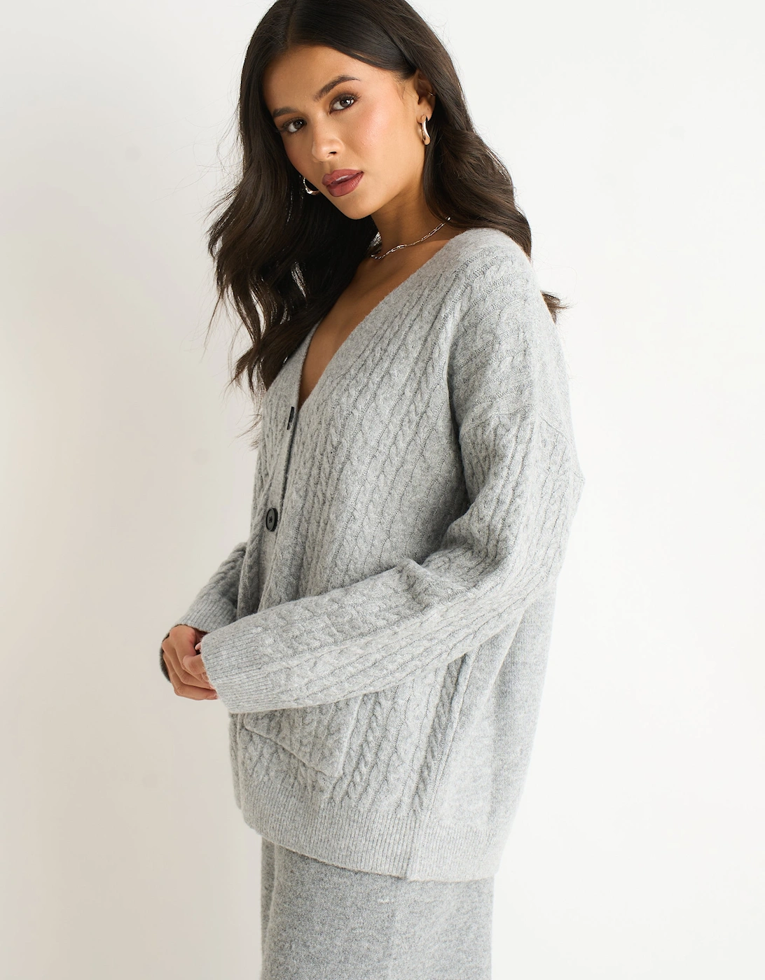 Grey Cable Patch Pocket Knitted Cardigan