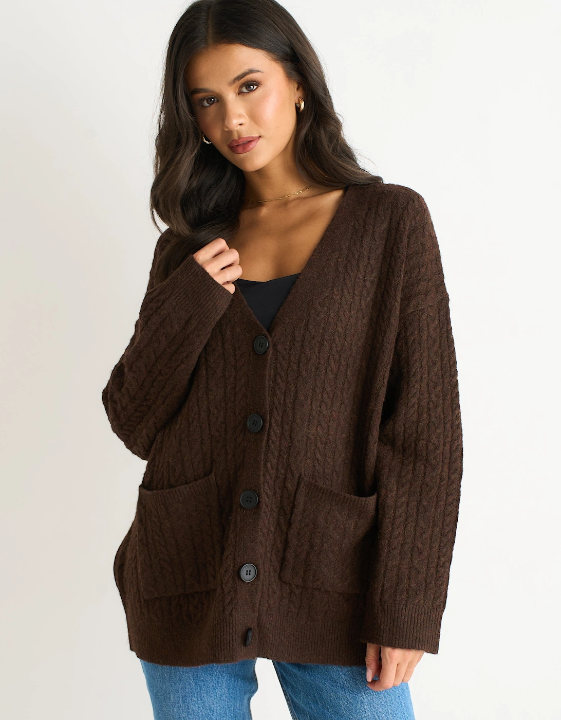 Brown Cable Patch Pocket Knitted Cardigan, 5 of 4