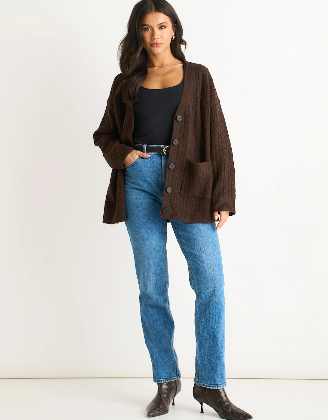 Brown Cable Patch Pocket Knitted Cardigan