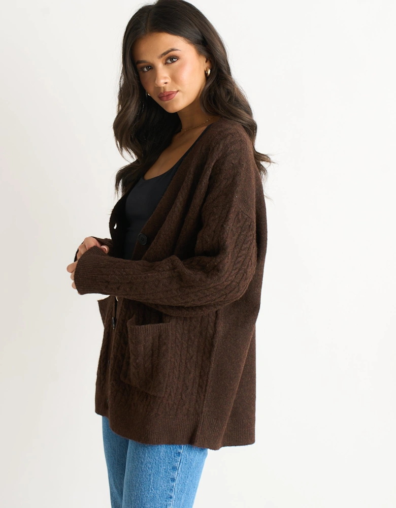 Brown Cable Patch Pocket Knitted Cardigan