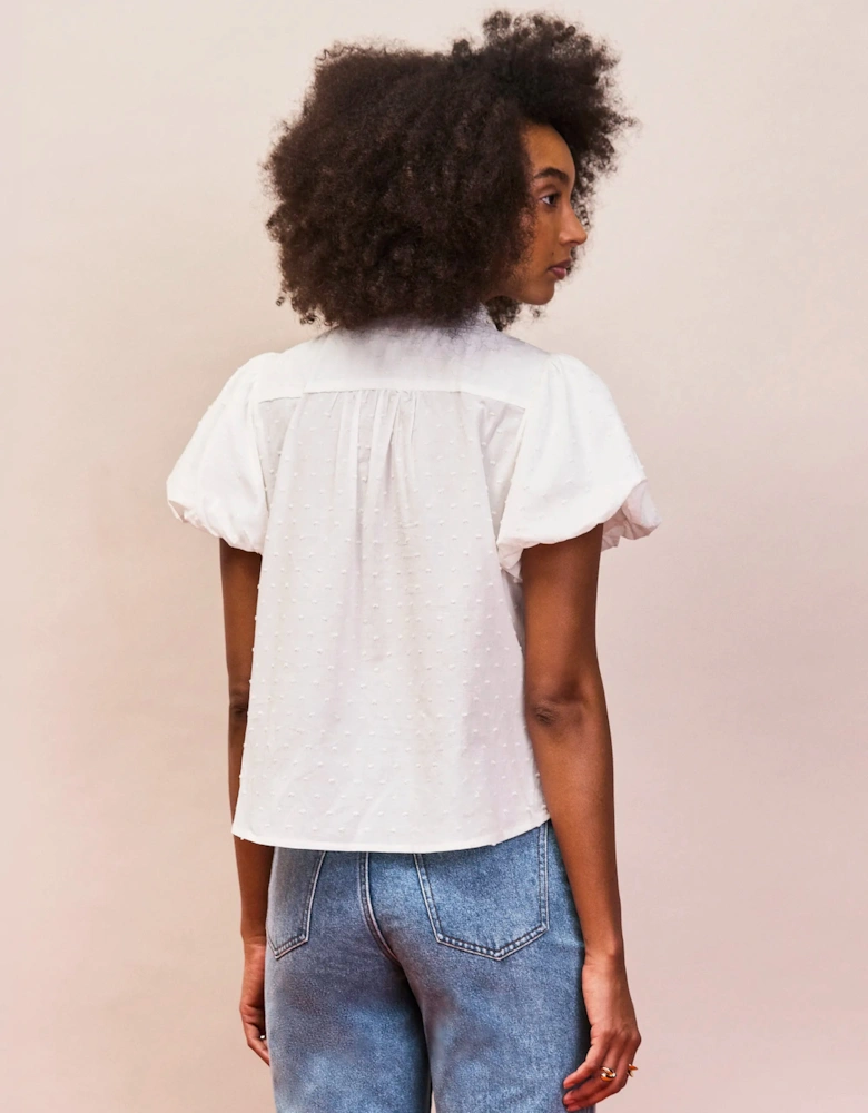 White Cotton Textured Puff Sleeve Shirt