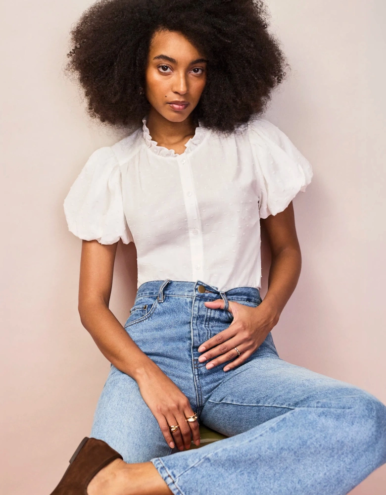 White Cotton Textured Puff Sleeve Shirt